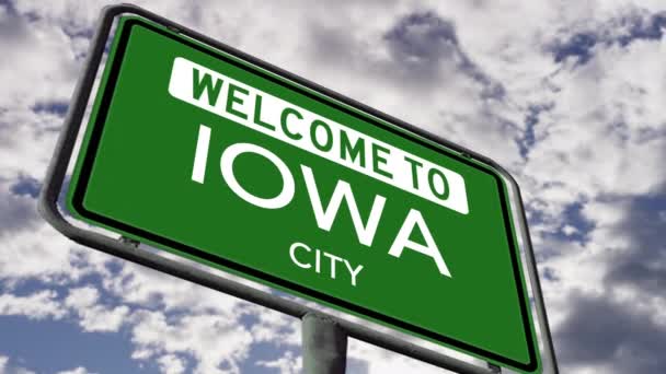 Welcome Iowa City Usa City Road Sign Close Realistic Animation — Αρχείο Βίντεο