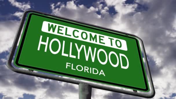 Welcome Hollywood Florida Usa City Road Sign Realistic Animation — Vídeo de Stock