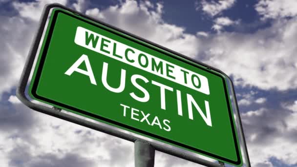 Welcome Austin Texas City Road Sign Close Realistic Animation — Vídeos de Stock