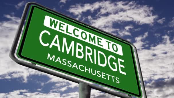 Welcome Cambridge Massachusetts Usa City Road Sign Close Realistic Animation — Stock video