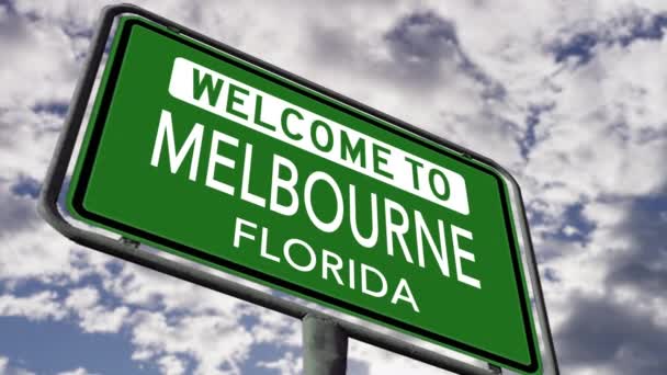 Welcome Melbourne Florida City Road Sign Close Realistic Animation — Wideo stockowe