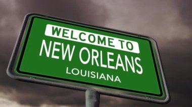 Welcome to New Orleans, Louisiana. USA Road Sign With Dark Stormy Clouds in Background, Realistic 3d Animation 4K