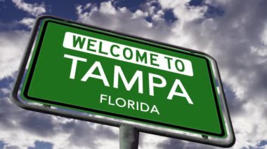 Welcome to Tampa, Florida. USA City Road Sign Close Up, Realistic 3D Animation 4K