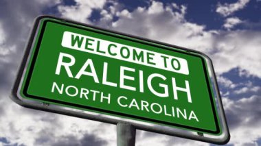 Welcome to Raleigh, North Carolina, USA City Road Sign Close Up Realistic 3D Animation 4K