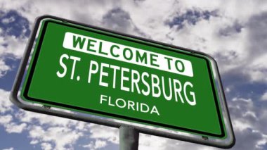 Welcome to St. Petersburg, Florida. USA City Road Sign Close Up, Realistic 3d Animation 4K