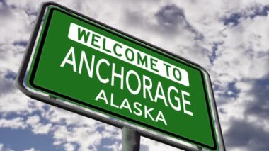 Welcome to Anchorage Alaska, USA City Road Sign Close Up Realistic 3D Animation 4K