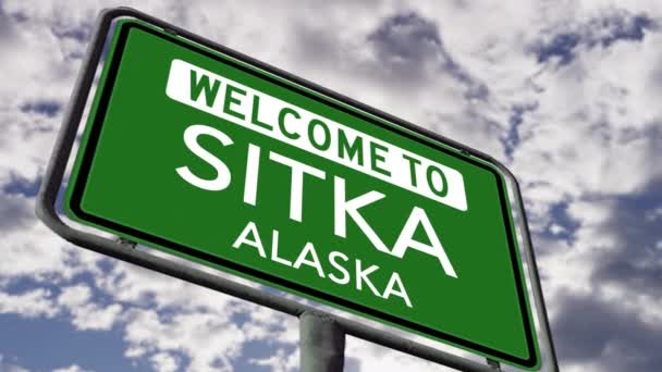 Welcome Sitka Alaska City Road Sign Close Realistic Animation — стокове відео