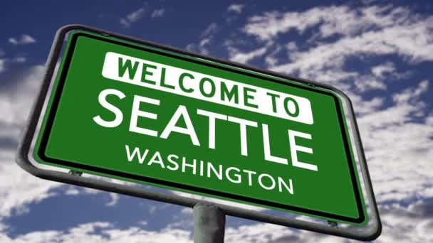 Welcome Seattle Washington Usa City Road Sign Close Realistic Animation — Video Stock