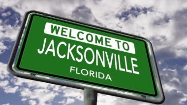 Jacksonville, Florida 'ya hoş geldiniz. ABD Şehir Yol İşareti, Gerçekçi 3D Animasyon 4k