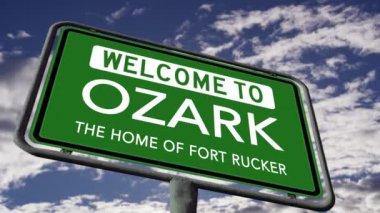 Ozark, Alabama 'ya hoş geldiniz, Fort Rucker Sloganı, ABD Yol İşareti Yakın Gerçekçi 3D Animasyon 4k