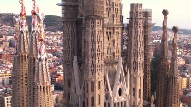 Barcelona Spanyolország Sagrada Familia Közeli Kép Iconic Landmark Towers — Stock videók