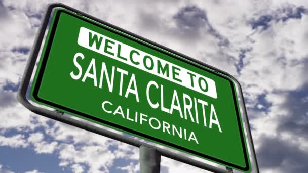 캘리포니아주 산타클라리타에 환영합니다 Road Sign Close Low Angle Realistic Animation — 비디오