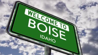 Boise, Idaho 'ya hoş geldin. ABD Şehir Yolu İşareti Kapan, Gerçekçi 3D Animasyon 4k
