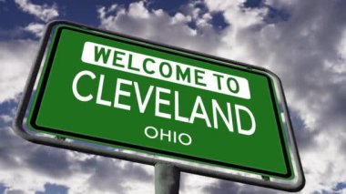 Cleveland Ohio 'ya hoş geldiniz. ABD Şehir Yolu İşareti Kapan, Gerçekçi 3D Animasyon 4k
