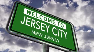 Jersey City, New Jersey 'e hoş geldiniz. ABD Yol İşareti Yakın, Gerçekçi 3D Animasyon 4k