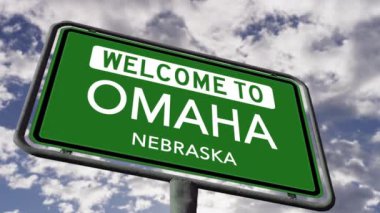 Omaha, Nebraska 'ya hoş geldin. ABD Şehir Yolu İşareti Kapan, Gerçekçi 3D Animasyon 4k