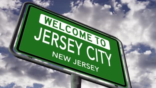 Välkommen Till Jersey City New Jersey Usa Road Sign Närbild — Stockvideo