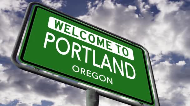 Vítejte Portlandu Oregone Usa City Road Sign Close Realistické Animace — Stock video