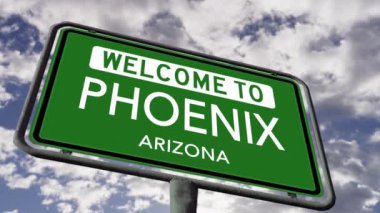 Phoenix Arizona 'ya hoş geldiniz, ABD Şehir Yol İşareti, Gerçekçi 3D Animasyon 4k