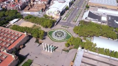 Aerial View of Magic Fountain of Montjuic, Barcelona Spain. Landmark and People on Sunny Day 4k