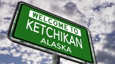 Ketchikan, Alaska 'ya hoş geldiniz, ABD Şehri Yol İşareti Yakın, Gerçekçi 3D Animasyon 4K