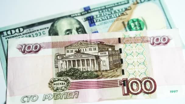 One Hundred Russian Ruble American Dollar Banknotes Super Powers Paper — Stock Video