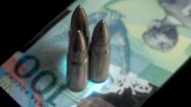 Machine Gun Bullets Russian Ruble Banknote War Economy Concept Close — Stock Video