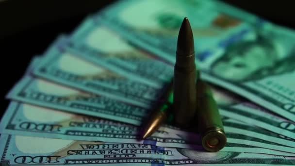 American Dollars Machine Gun Bullets Deadly Weapons Economy Concept Close — Stock Video