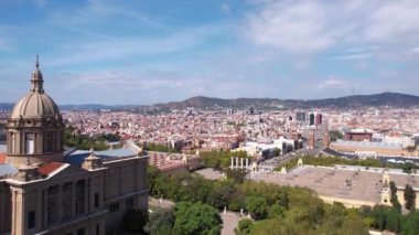 Barcelona, Spain. Aerial View of Montjuic National Palace, Plaza Espana and Cityscape, Revealing Drone Shot 4k