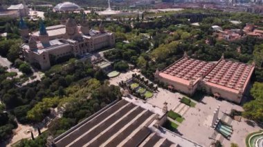 Aerial View, Montjuic Palace National Museum Building and Waterfalls, Barcelona Spain, Drone Shot 4K