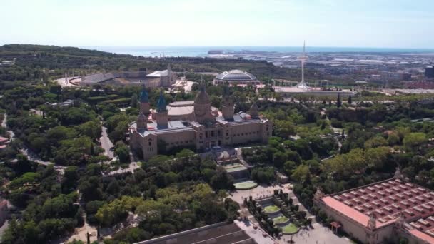 Вид Повітря Національний Палац Монжуїк Музей Хіллтоп Барселоні Іспанія — стокове відео