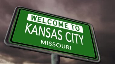 Kansas City, Missouri 'ye hoş geldiniz. ABD Şehir Karayolu Tabelası Gerçekçi 3D Animasyon 4k 'yi Kapatın