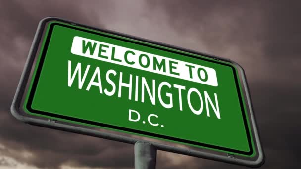 欢迎来到华盛顿特区美国道路签署在烟雾或黑暗的天空和风暴的云 现实3D动画4K — 图库视频影像