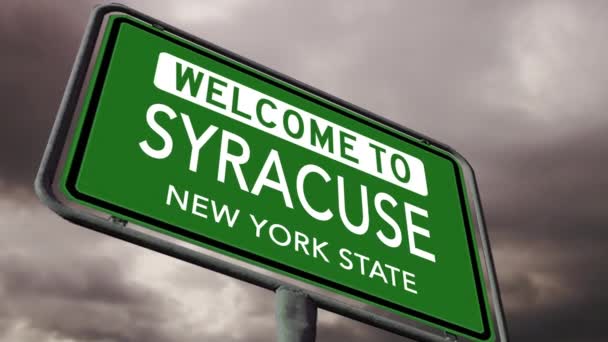 Welkom Syracuse Staat New York Usa Verkeersbord Onder Rook Donkere — Stockvideo