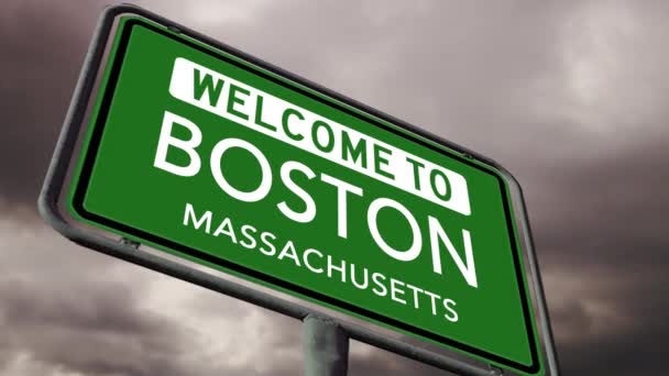 Welkom Boston Massachusetts Usa City Road Sign Dark Sky Smoke — Stockvideo