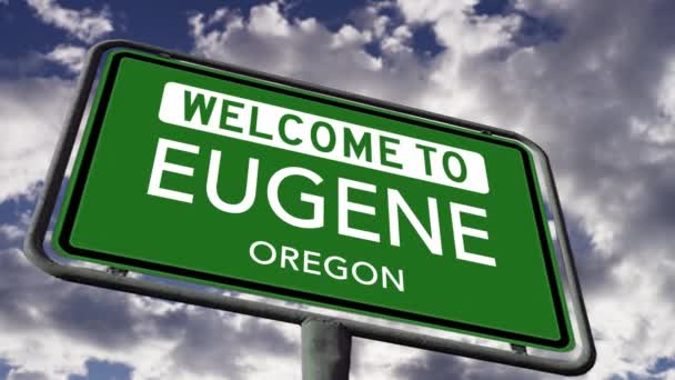 Welcome Eugene Oregon Usa City Road Sign Close Realistic Animation — Stock Video