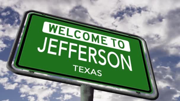 テキサス州ジェファーソンへようこそ 米国シティロードサイン閉じる 現実的な3Dアニメーション4K — ストック動画