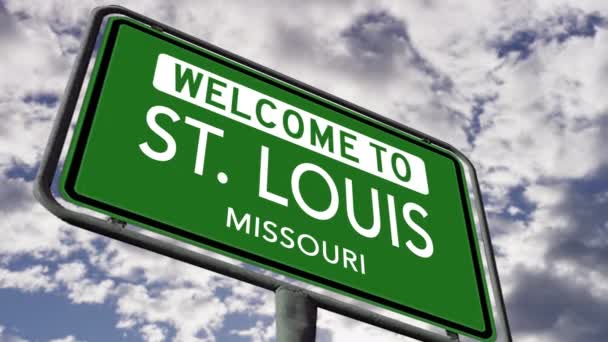 ミズーリ州セントルイスへようこそ 米国シティロードサイン閉じる 現実的な3Dアニメーション4K — ストック動画