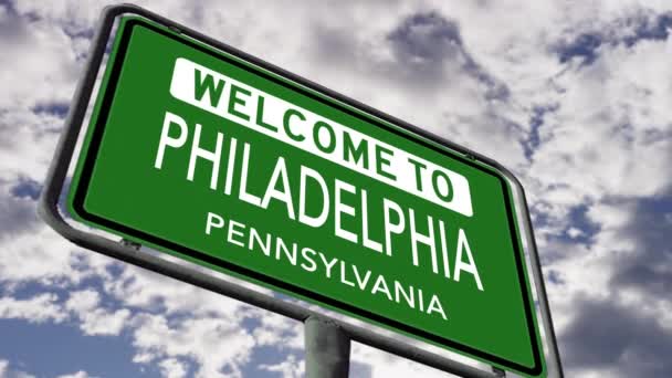 Welcome Philadelphia Pennsylvania City Road Sign Close Realistic Animation — Video Stock