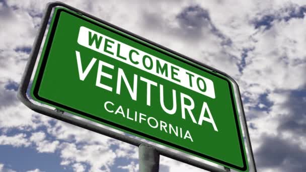 カリフォルニア州ベンチュラへようこそ 米国シティロードサイン閉じる 現実的なアニメーション4K — ストック動画