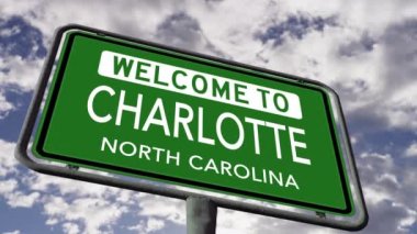 Charlotte, Kuzey Carolina 'ya hoş geldiniz. ABD Şehir Yolu İşareti Kapan, Gerçekçi 3D Animasyon 4k