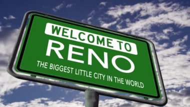 Welcome to Reno Nevada, The Biggest Little City in The World Slogan, US Road Sign Close Up, Realistic 3d Animation 4k