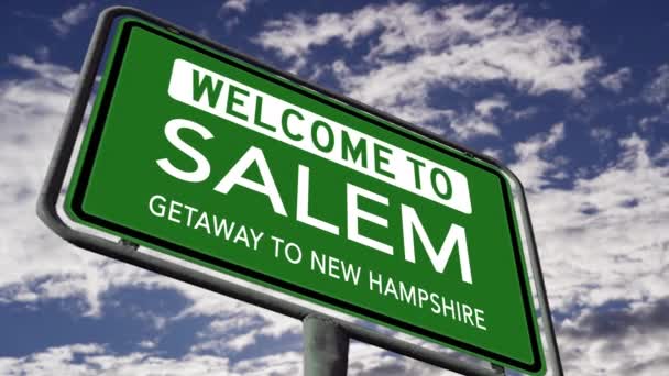 Salem Getaway Till New Hampshire City Road Sign Närbild Realistisk — Stockvideo