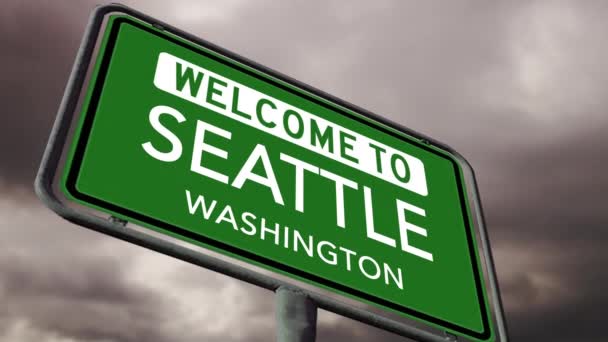 Bienvenido Seattle Washington City Road Sign Con Nubes Oscuras Clima — Vídeos de Stock