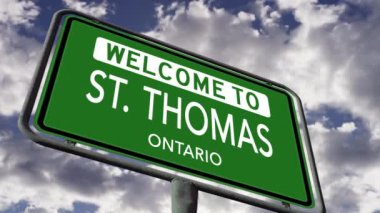 Ontario, St. Thomas 'a hoş geldiniz. Kanada Şehir Yolu İşareti Gerçekçi 3D Animasyonu Kapatın