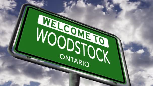 Welkom Woodstock Ontario Canadian City Road Sign Close Realistische Animatie — Stockvideo