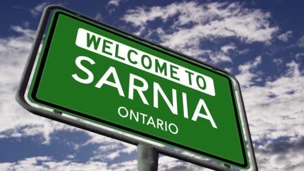 Welkom Sarnia Ontario Canadian City Road Sign Close Realistische Animatie — Stockvideo