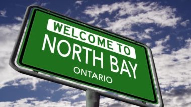 North Bay, Ontario 'ya hoş geldin. Kanada Şehir Yolu İşareti Gerçekçi 3D Animasyonu Kapatın