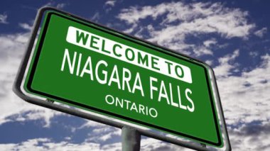 Niagara Şelalesi, Ontario 'ya hoş geldiniz. Kanada Şehir Yolu İşareti, Gerçekçi 3D Animasyon