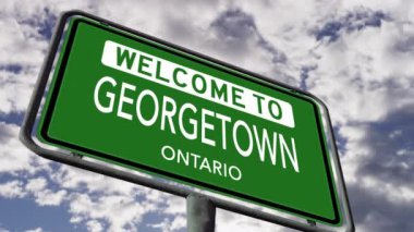 Georgetown, Ontario 'ya hoş geldiniz. Kanada Şehir Yolu İşareti Gerçekçi 3D Animasyonu Kapatın